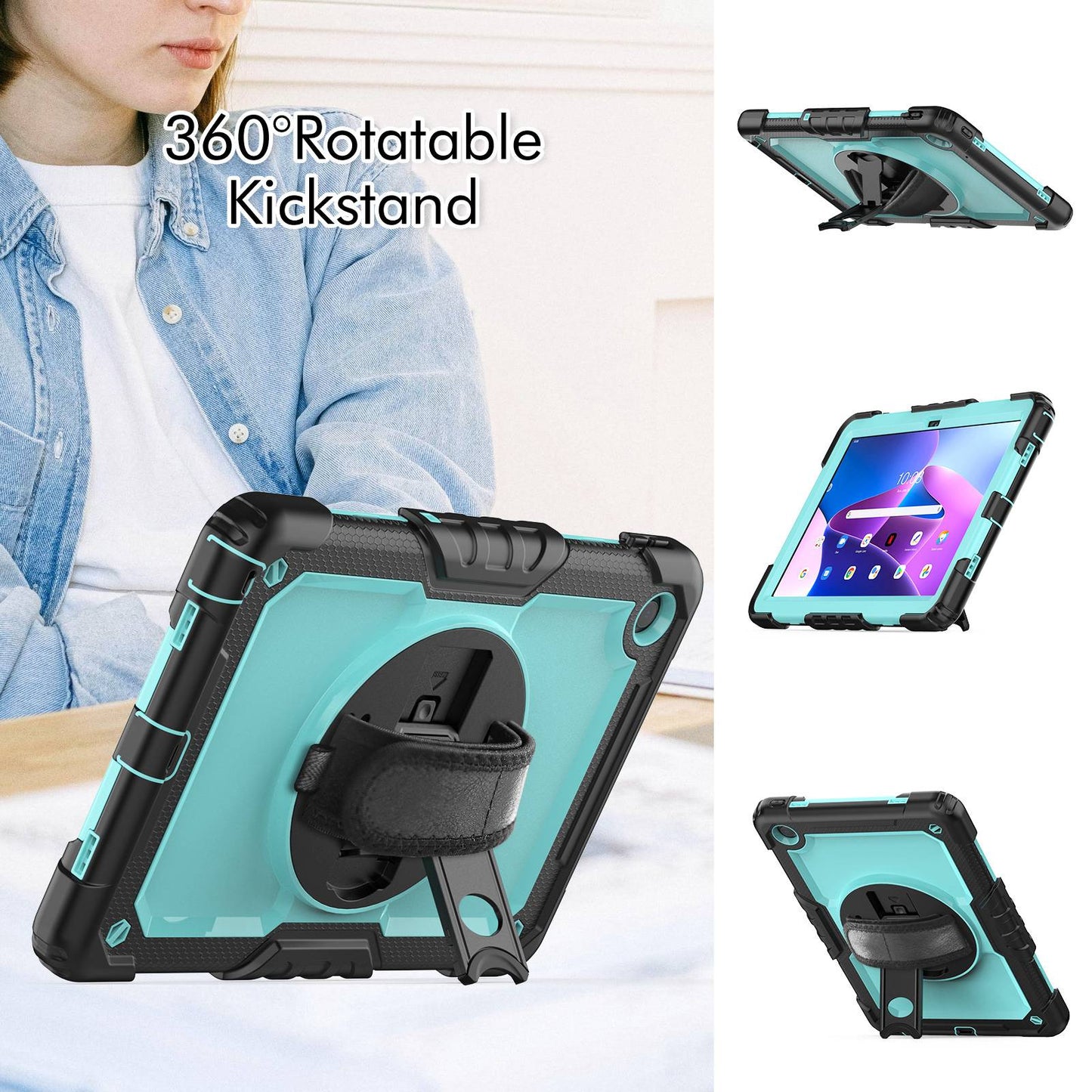 For Lenovo Tab M10 Plus (Gen 3) 125FU/128FU Silicone+PC Protective Case with Shoulder Strap Anti-Scratch Cover Shockproof Portable Tablet Kickstand Case