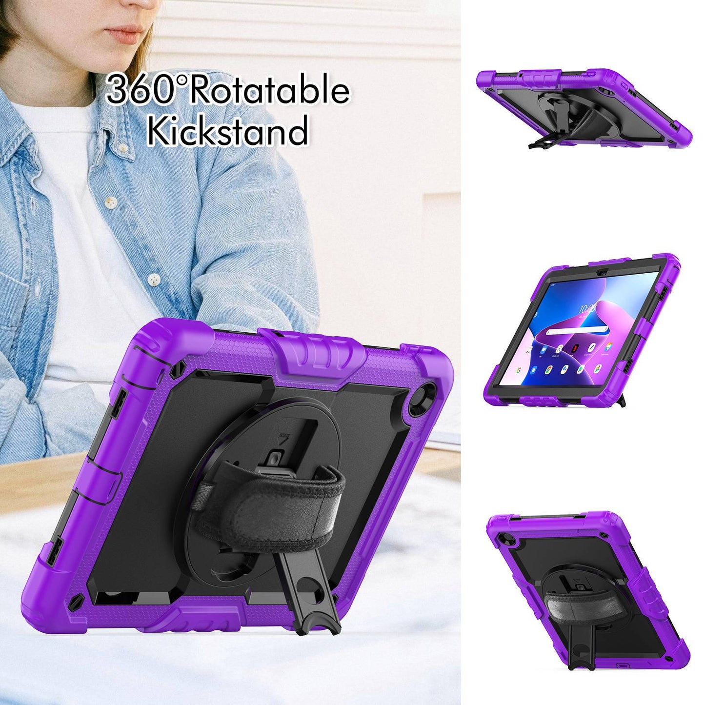 For Lenovo Tab M10 Plus (Gen 3) 125FU/128FU Silicone+PC Protective Case with Shoulder Strap Anti-Scratch Cover Shockproof Portable Tablet Kickstand Case