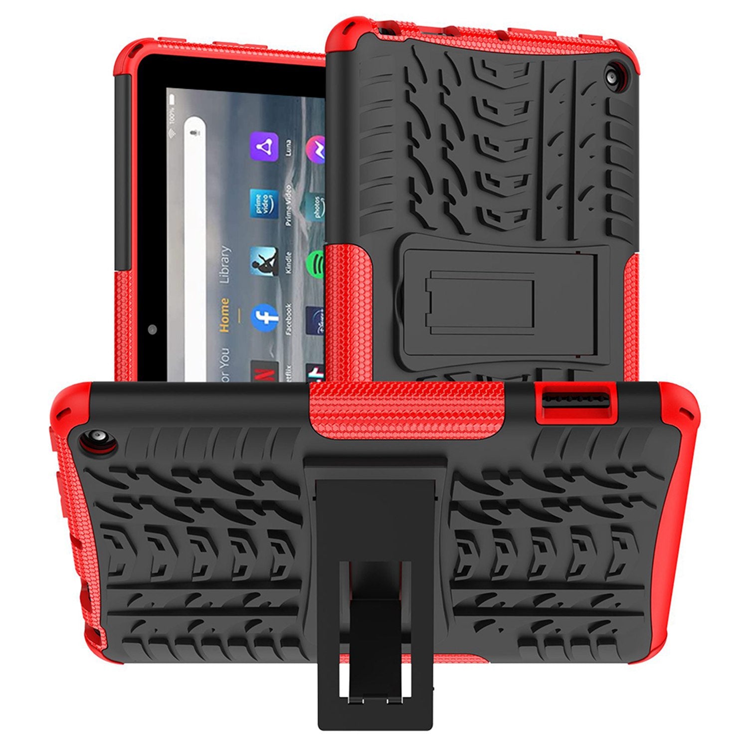 For Amazon Fire 7 (2022) Tire Texture Anti-Slip Case Drop Protection Hybrid PC+TPU Heavy Duty Cover with Stand