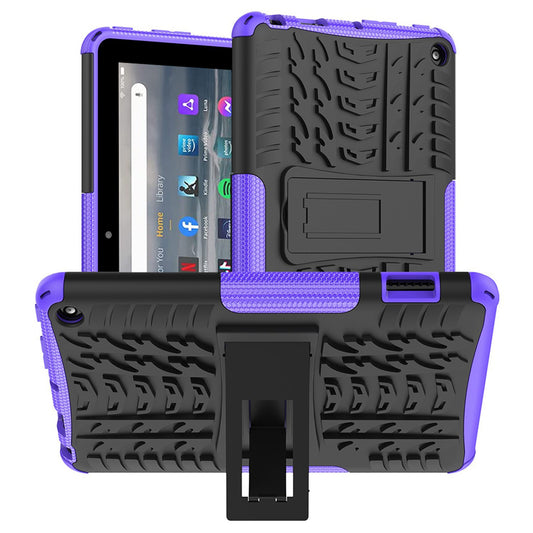 For Amazon Fire 7 (2022) Tire Texture Anti-Slip Case Drop Protection Hybrid PC+TPU Heavy Duty Cover with Stand