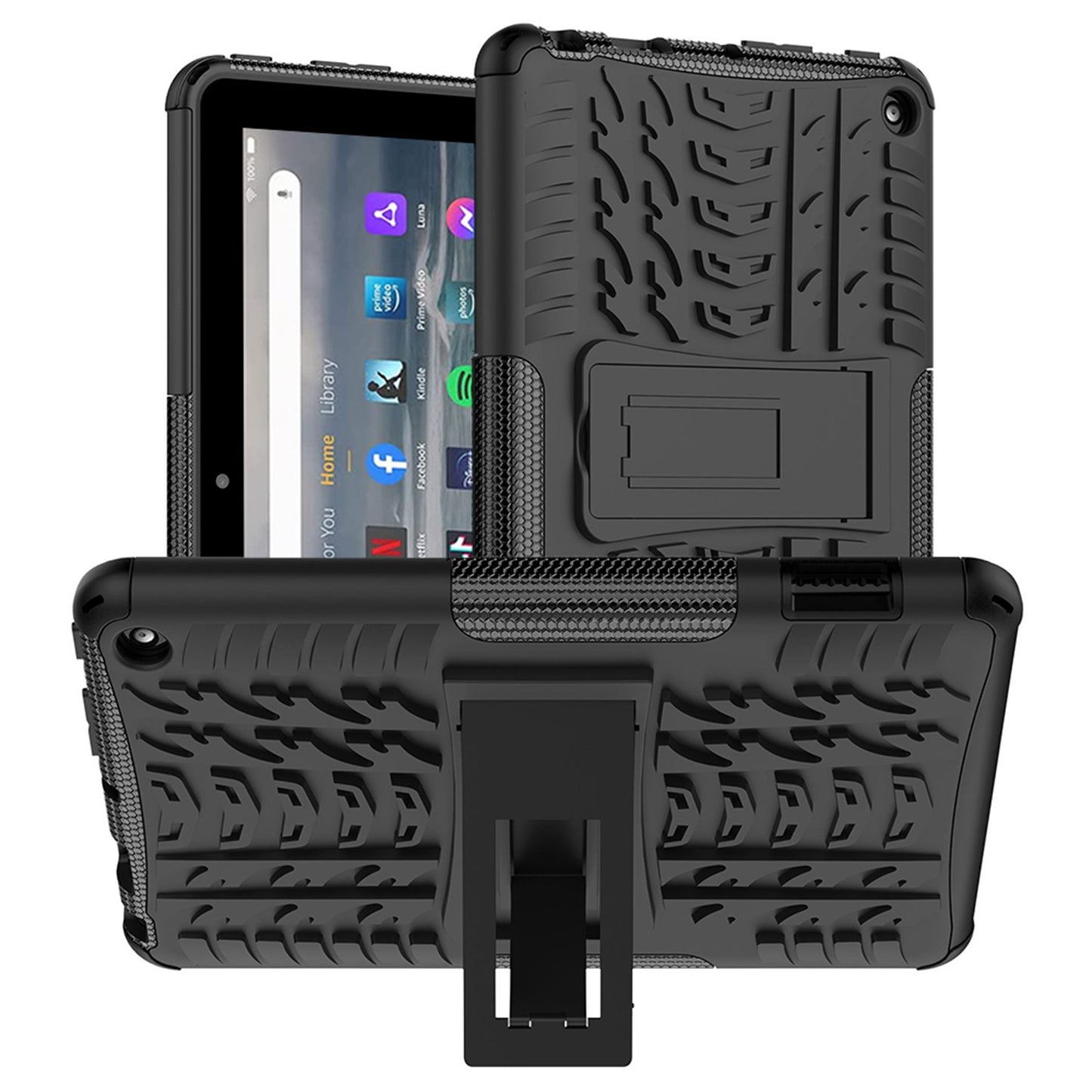 For Amazon Fire 7 (2022) Tire Texture Anti-Slip Case Drop Protection Hybrid PC+TPU Heavy Duty Cover with Stand