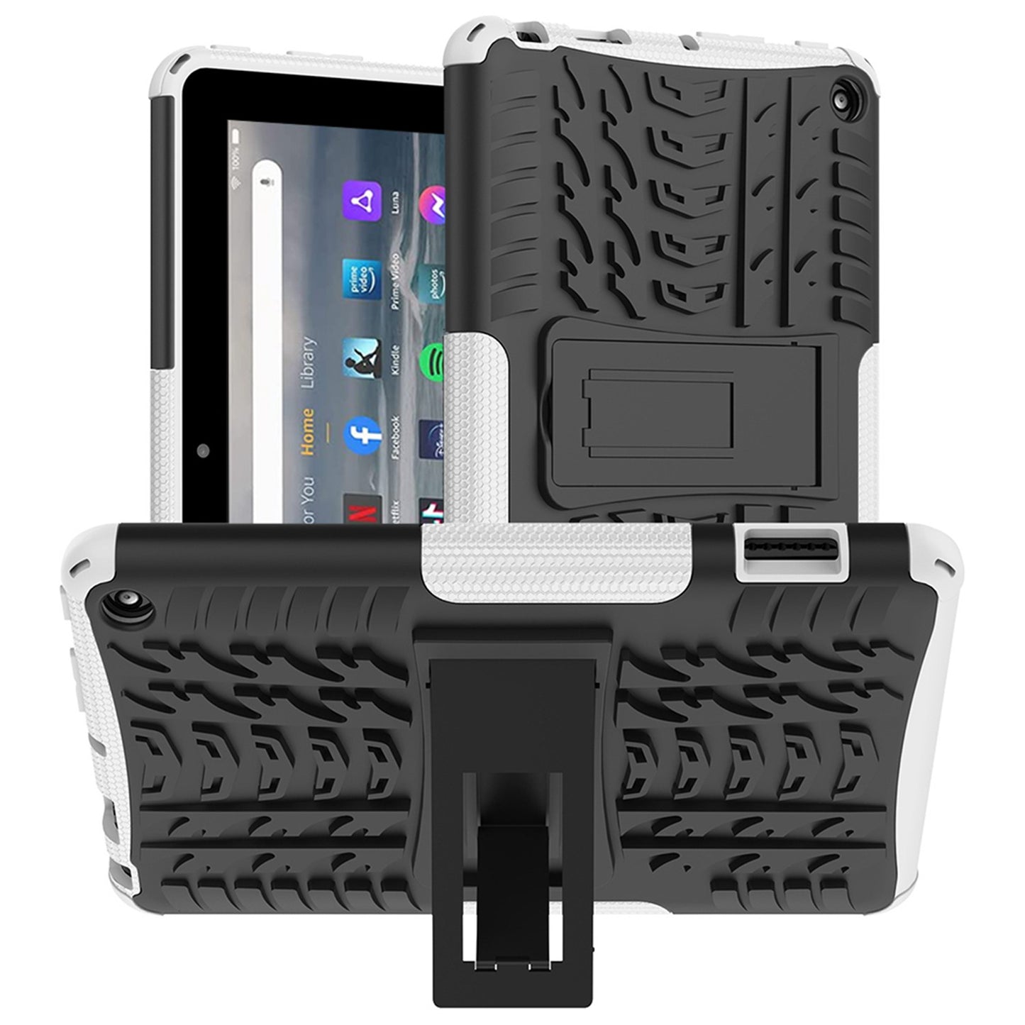 For Amazon Fire 7 (2022) Tire Texture Anti-Slip Case Drop Protection Hybrid PC+TPU Heavy Duty Cover with Stand