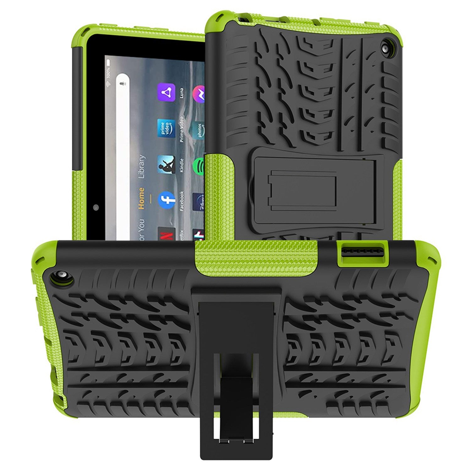 For Amazon Fire 7 (2022) Tire Texture Anti-Slip Case Drop Protection Hybrid PC+TPU Heavy Duty Cover with Stand