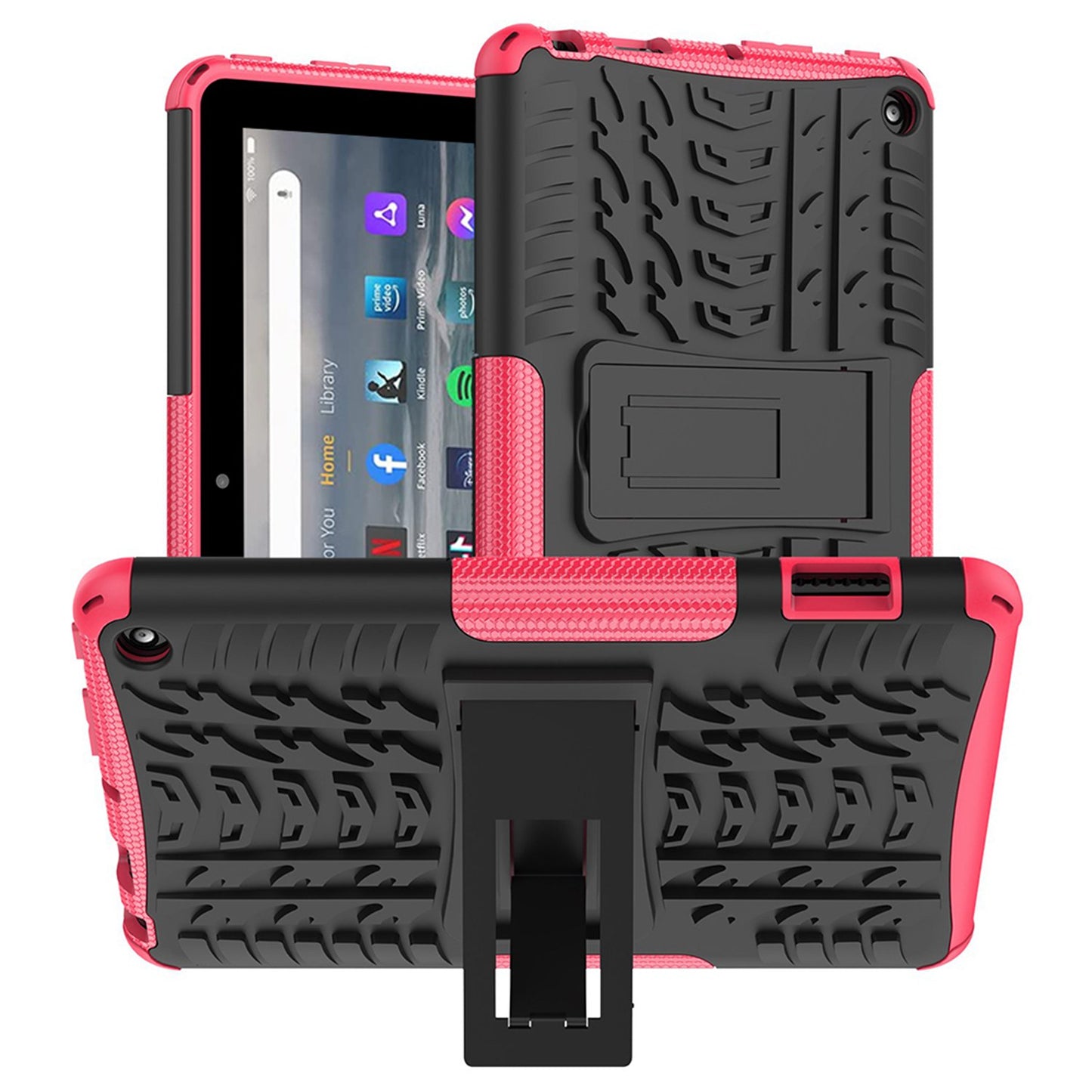 For Amazon Fire 7 (2022) Tire Texture Anti-Slip Case Drop Protection Hybrid PC+TPU Heavy Duty Cover with Stand