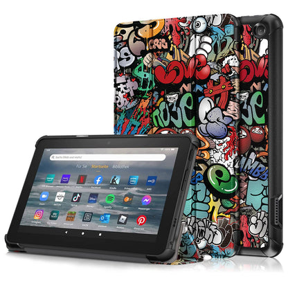 For Amazon Fire 7 (2022) Pattern Printed Protective Case PU Leather Anti-Drop Tablet Cover with Trifold Stand