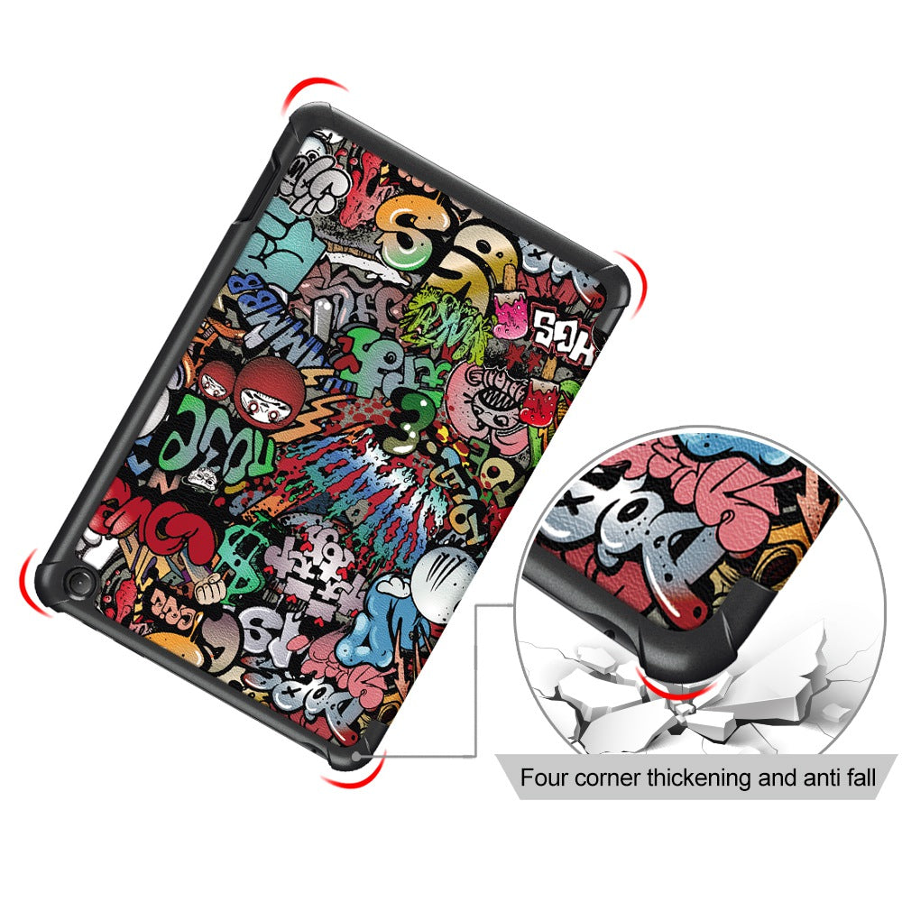 For Amazon Fire 7 (2022) Pattern Printed Protective Case PU Leather Anti-Drop Tablet Cover with Trifold Stand