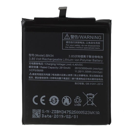 3.85V 3000mAh Battery BN34 for Xiaomi Redmi 5A Rechargeable  Battery Cell Phone Replacement Part (Without Logo)