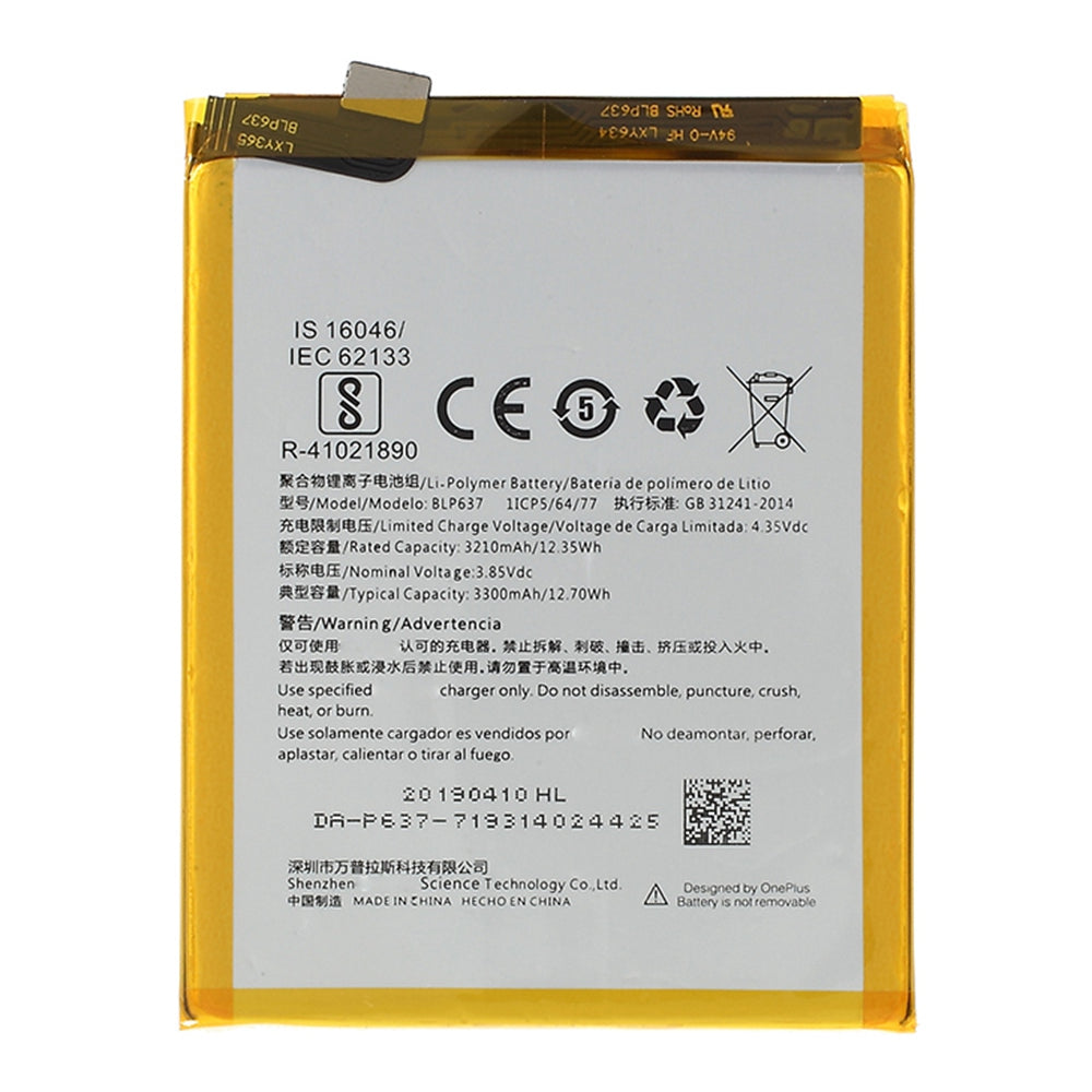 3.85V 3300mAh Cell Phone Battery for OnePlus 5 / 5T Rechargeable Battery BLP637 Replacement Part (Without Logo)