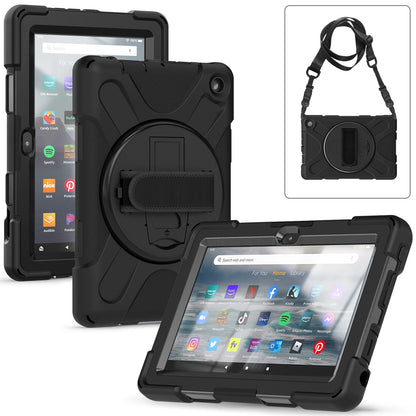 For Amazon Fire 7 (2022) PC + Silicone Tablet Case Hand Strap Kickstand Anti-drop Cover with Shoulder Strap