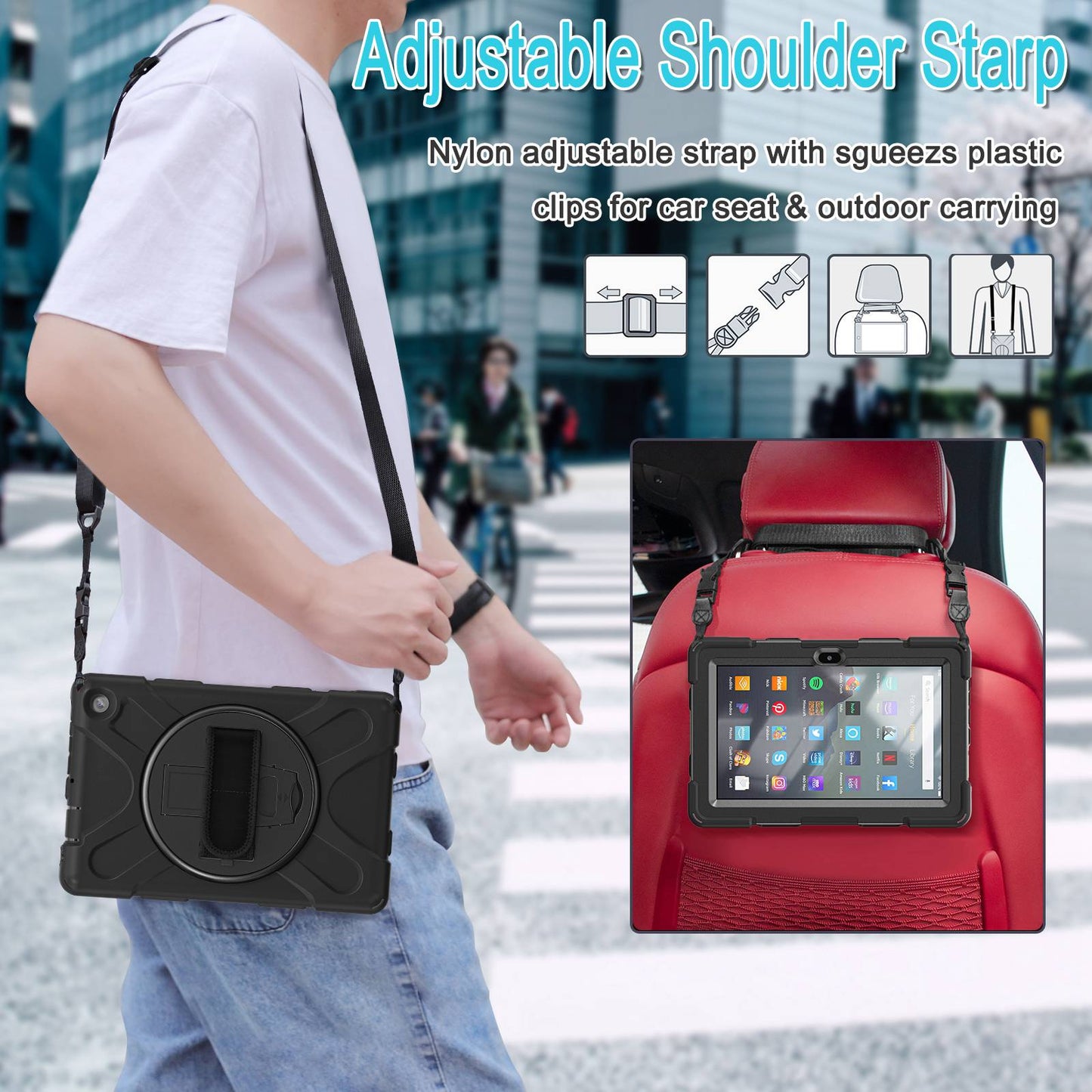 For Amazon Fire 7 (2022) PC + Silicone Tablet Case Hand Strap Kickstand Anti-drop Cover with Shoulder Strap