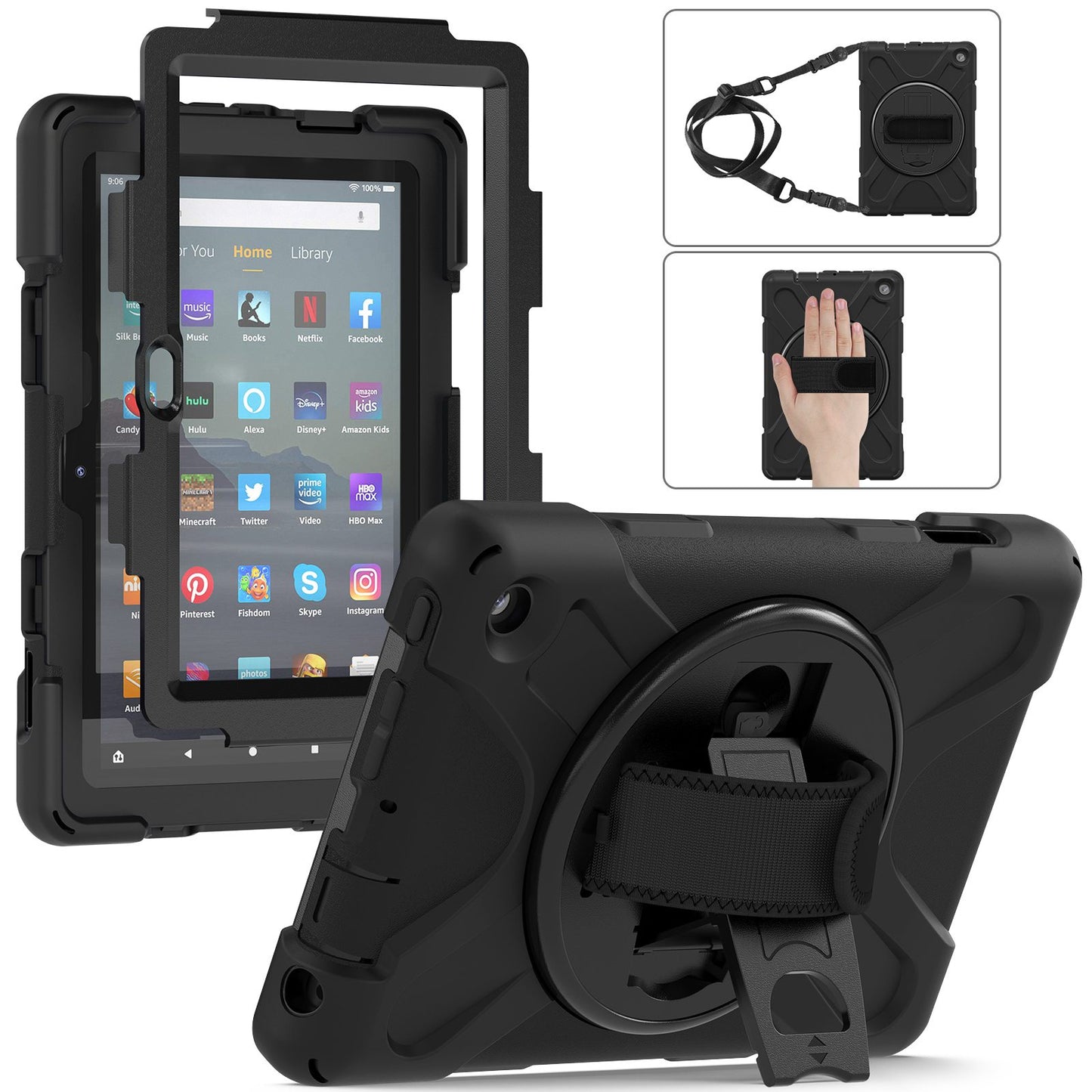 For Amazon Fire 7 (2022) PC + Silicone Tablet Case Hand Strap Kickstand Anti-drop Cover with Shoulder Strap