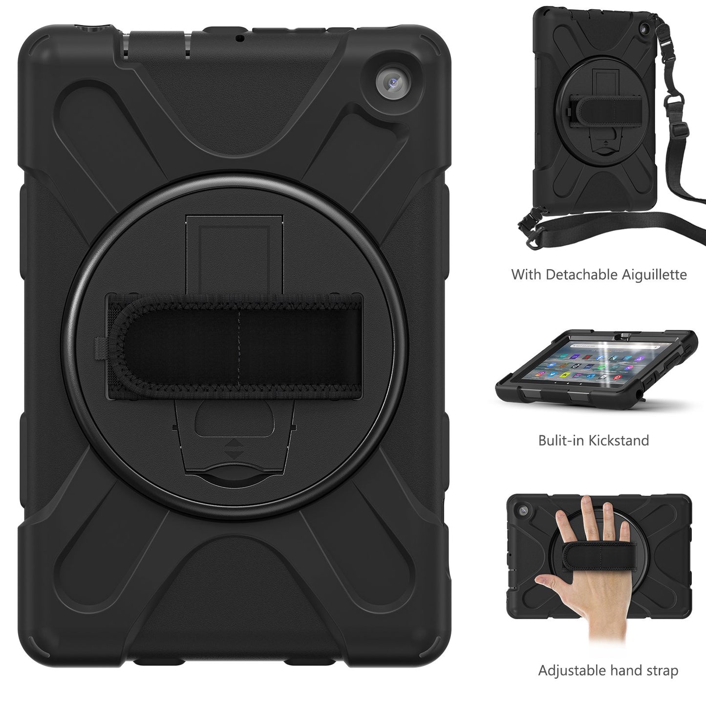 For Amazon Fire 7 (2022) PC + Silicone Tablet Case Hand Strap Kickstand Anti-drop Cover with Shoulder Strap