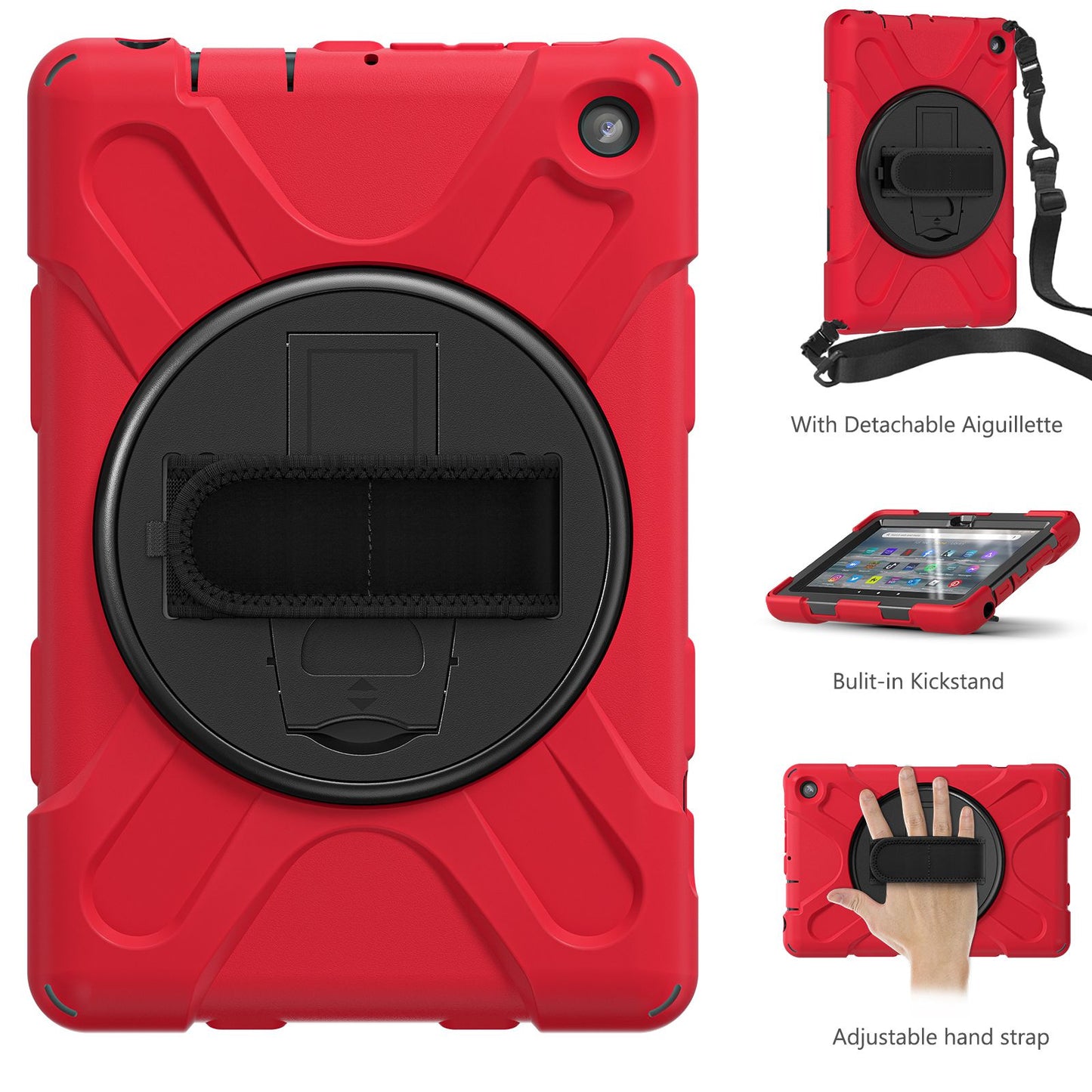 For Amazon Fire 7 (2022) PC + Silicone Tablet Case Hand Strap Kickstand Anti-drop Cover with Shoulder Strap