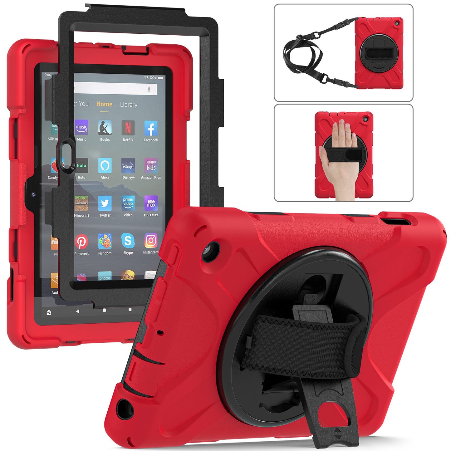 For Amazon Fire 7 (2022) PC + Silicone Tablet Case Hand Strap Kickstand Anti-drop Cover with Shoulder Strap