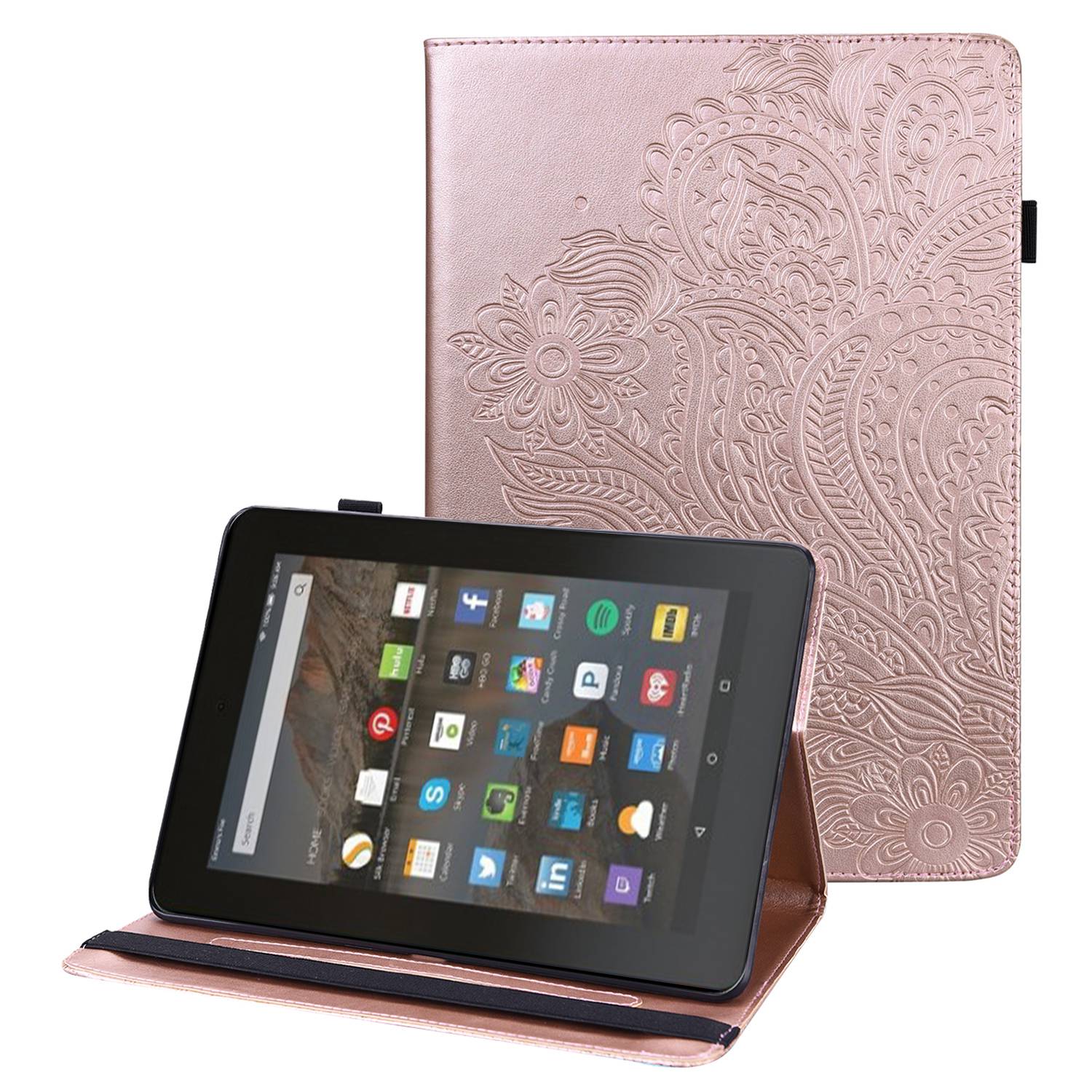 PU Leather Imprinting Flower Case for Amazon Fire 7 (2022), Card Holder Stand Tablet Cover with Elastic Band Closure