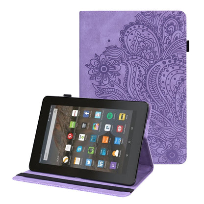 PU Leather Imprinting Flower Case for Amazon Fire 7 (2022), Card Holder Stand Tablet Cover with Elastic Band Closure