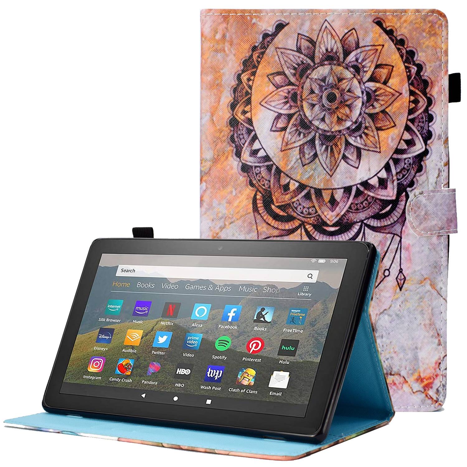 For Amazon Fire HD 10 (2015)  /  (2017)  /  (2019) Shockproof Case Stitched Leather Cover Pattern Printed Magnetic Closure Tablet Case with Stand  /  Card Slots