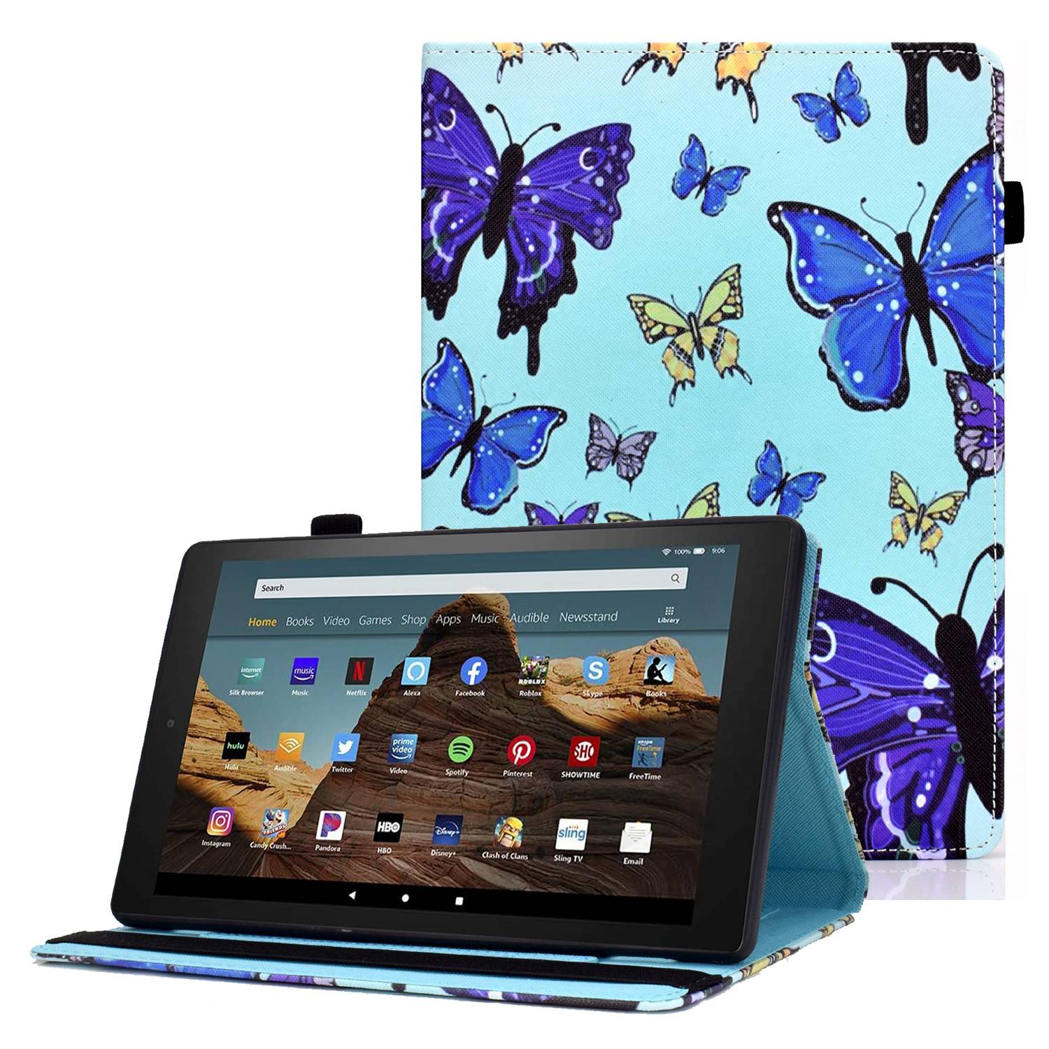 For Amazon Fire HD 8 (2016) / (2017) / (2018) Elastic Band Closure Drop-proof Tablet Stand Case Pattern Printing Card Slots Design PU Leather Cover