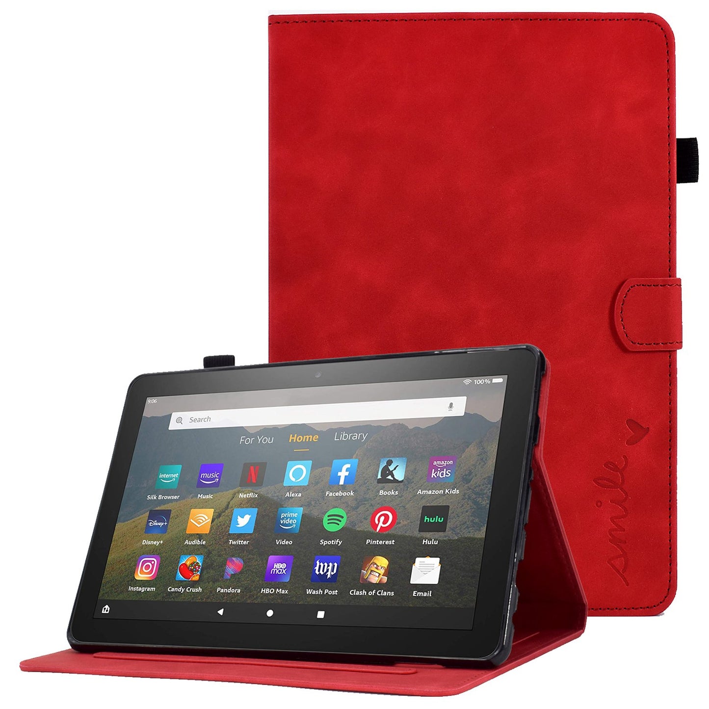 For Amazon Fire HD 8 (2020) Solid Color Heart Shape Imprinted PU Leather Shockproof Cover Card Slots Design Foldable Stand Protective Case