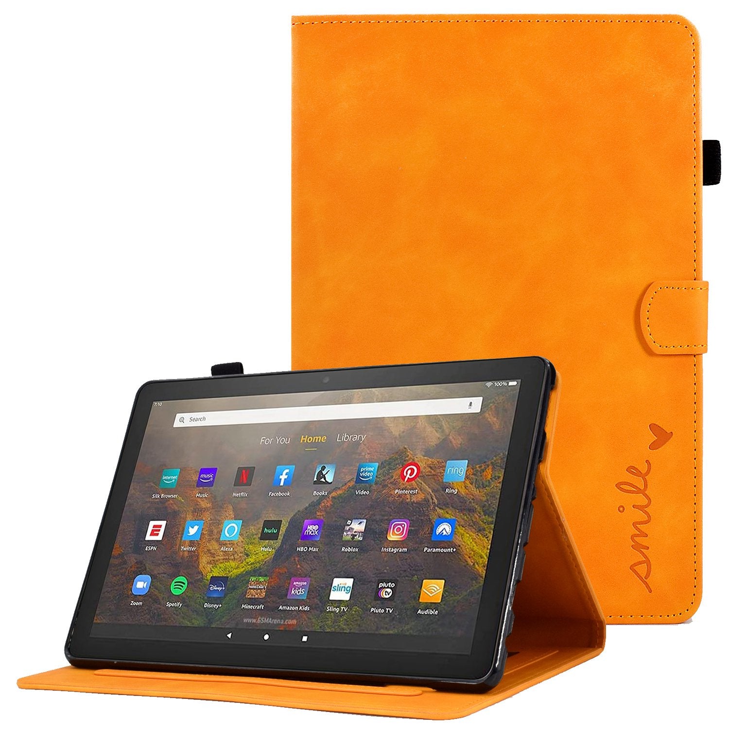 For Amazon Fire HD 10 (2021) Solid Color Heart Shape Imprinted PU Leather Cover Foldable Stand Protective Case with Card Slots