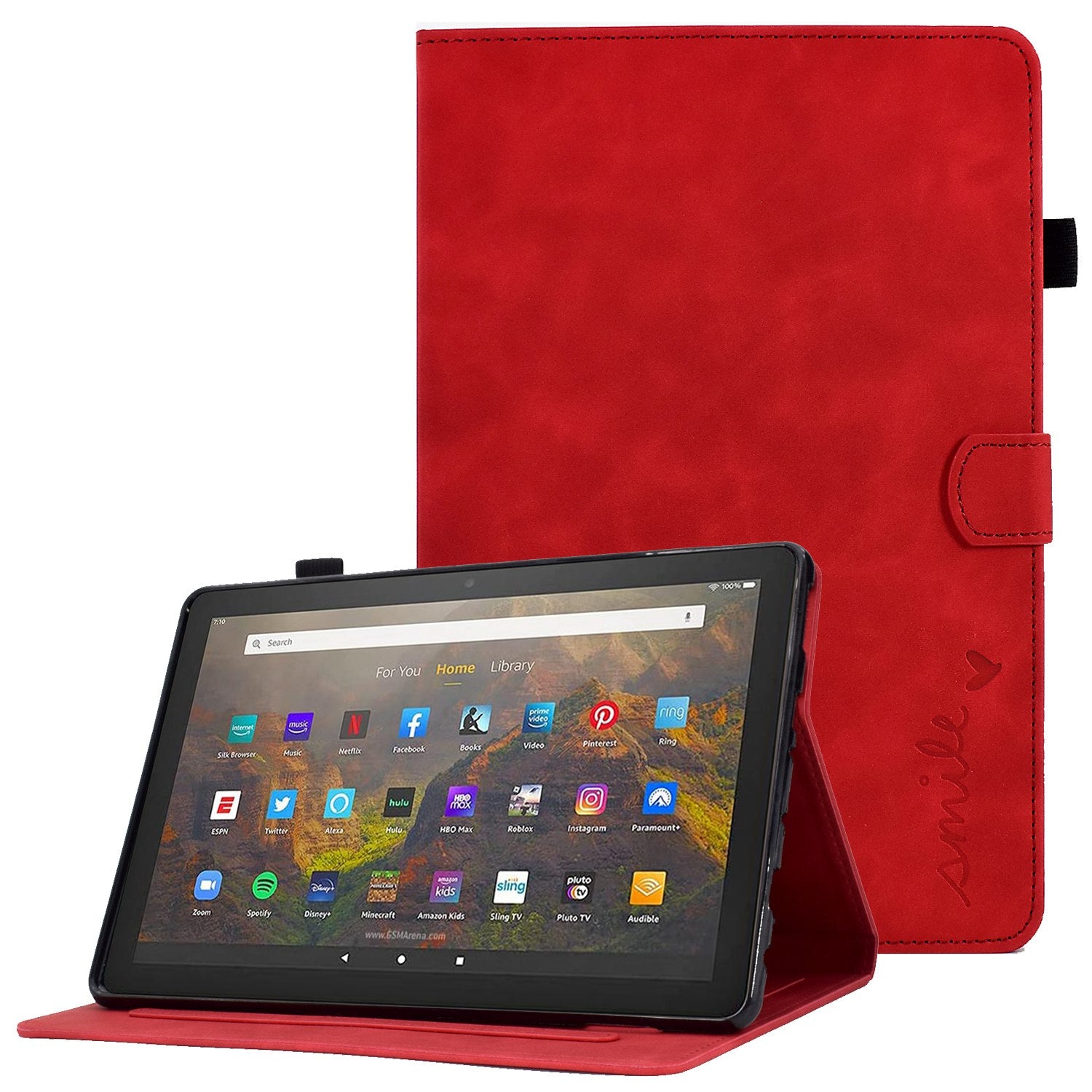 For Amazon Fire HD 10 (2021) Solid Color Heart Shape Imprinted PU Leather Cover Foldable Stand Protective Case with Card Slots