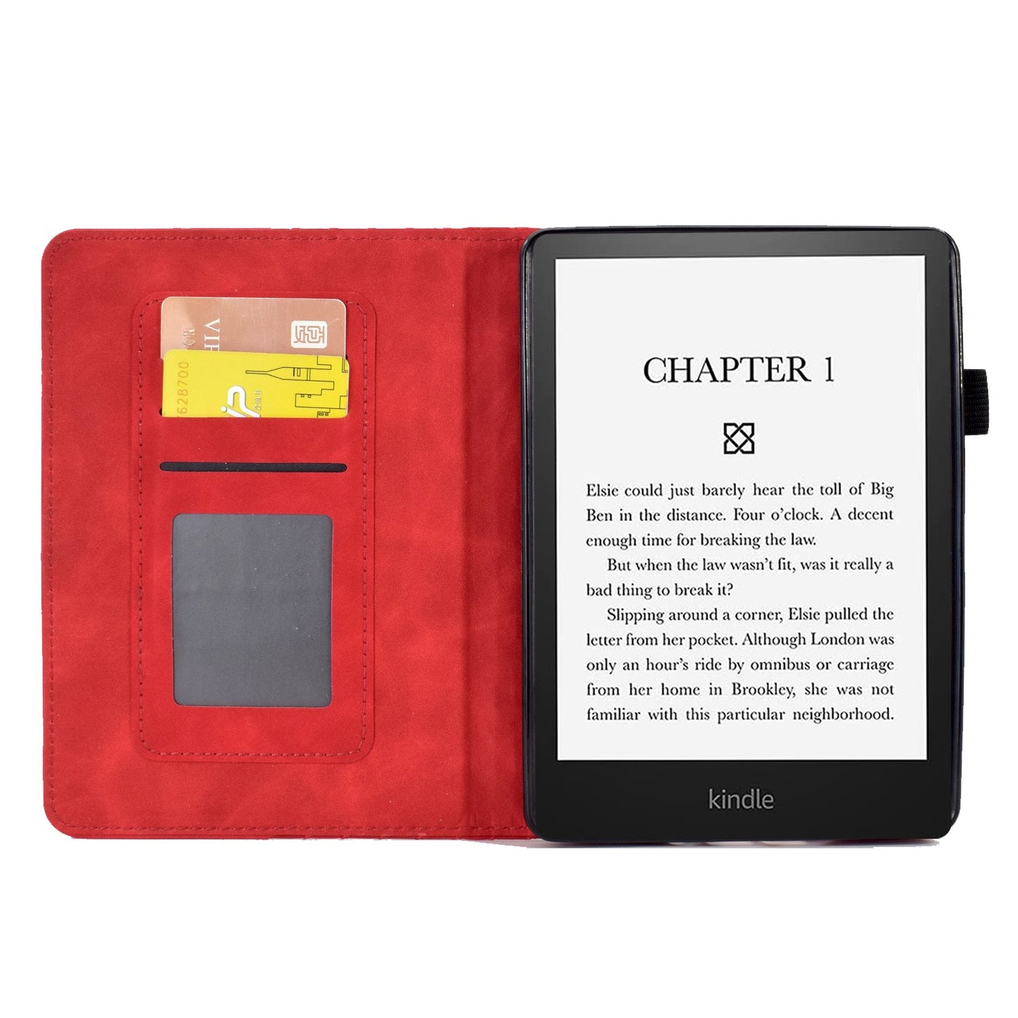 For Amazon Kindle Paperwhite 5 (2021) Anti-Drop Leather Case Auto Wake / Sleep Shockproof Cover Solid Color Pattern Imprinted Tablet Protector with Card Slots / Stand