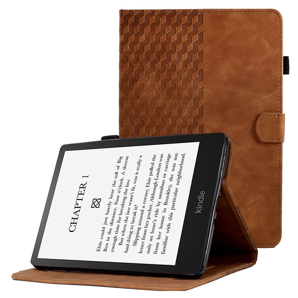 For Amazon Kindle Paperwhite 5 (2021) Anti-Drop Leather Case Auto Wake / Sleep Shockproof Cover Solid Color Pattern Imprinted Tablet Protector with Card Slots / Stand