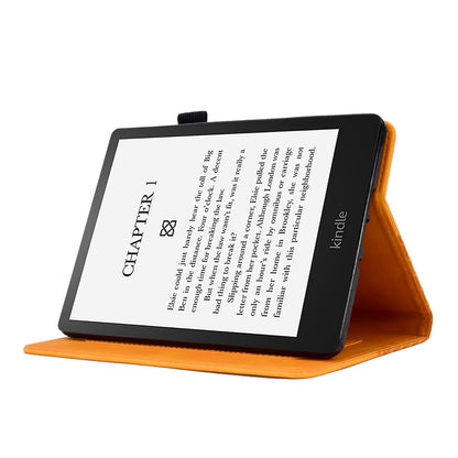 For Amazon Kindle Paperwhite 5 (2021) Anti-Drop Leather Case Auto Wake / Sleep Shockproof Cover Solid Color Pattern Imprinted Tablet Protector with Card Slots / Stand