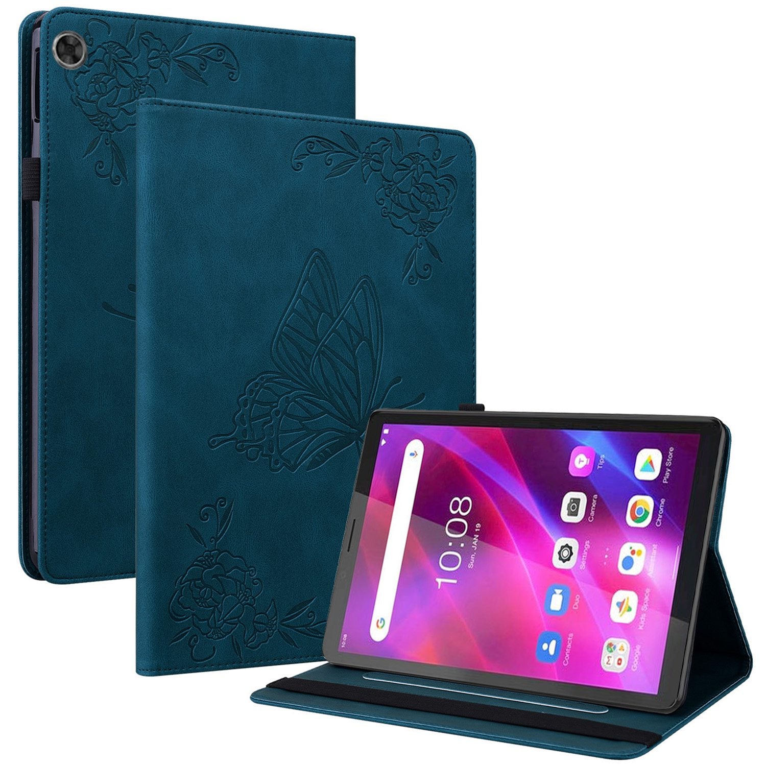 For Lenovo Tab M7 (3rd Gen) Imprinting Butterfly Flower Pattern Tablet Case Shockproof PU Leather Stand Card Holder Protective Cover