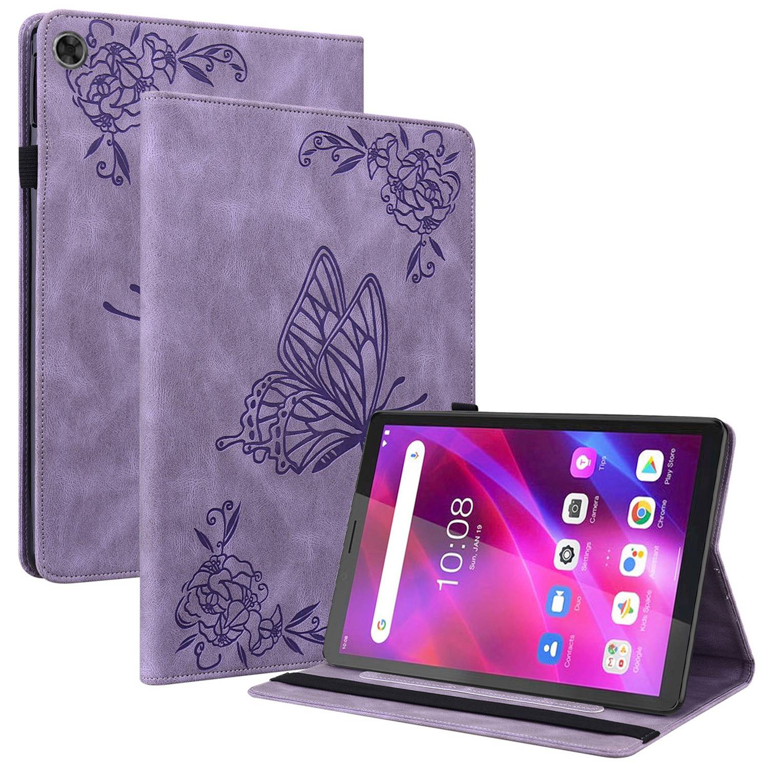 For Lenovo Tab M7 (3rd Gen) Imprinting Butterfly Flower Pattern Tablet Case Shockproof PU Leather Stand Card Holder Protective Cover