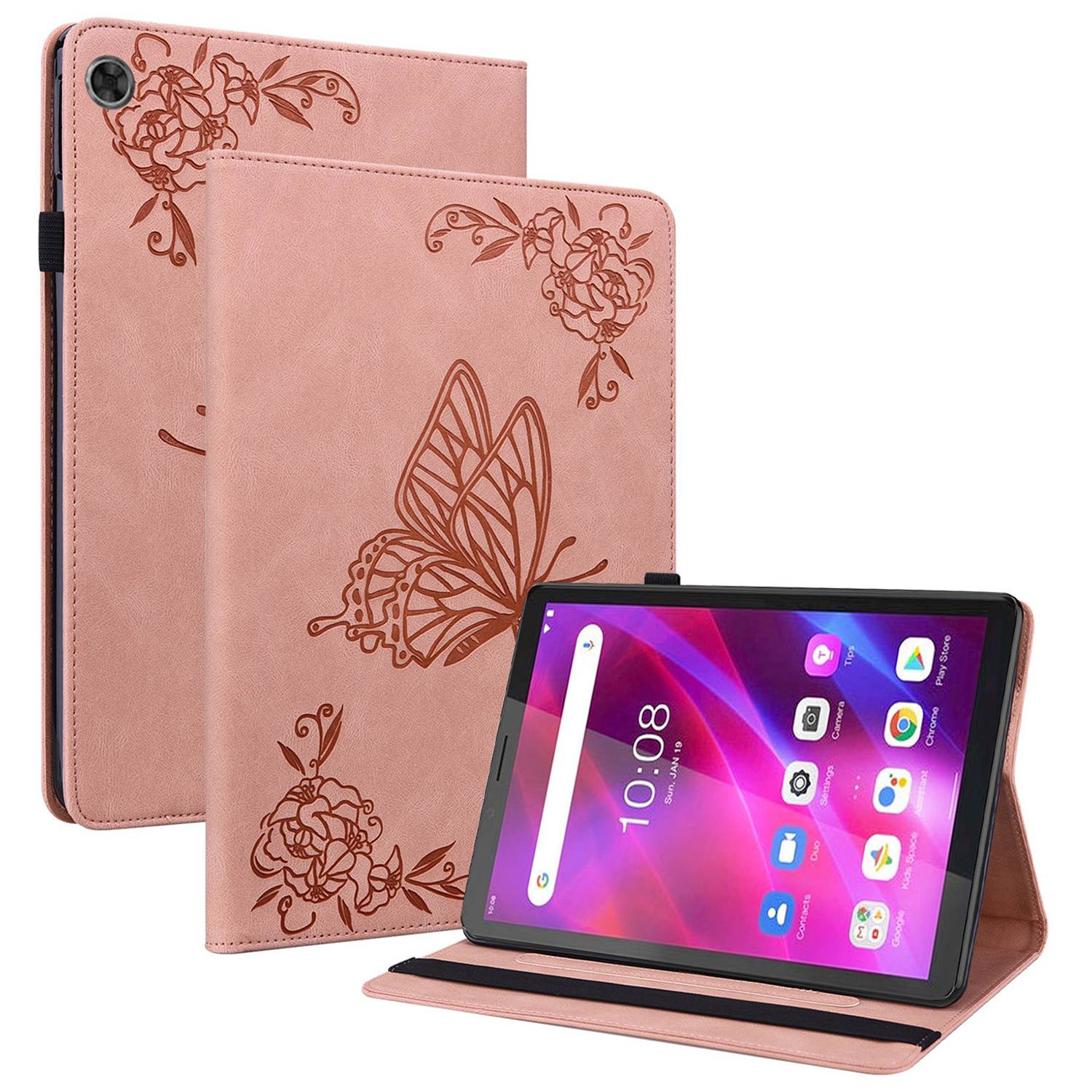 For Lenovo Tab M7 (3rd Gen) Imprinting Butterfly Flower Pattern Tablet Case Shockproof PU Leather Stand Card Holder Protective Cover