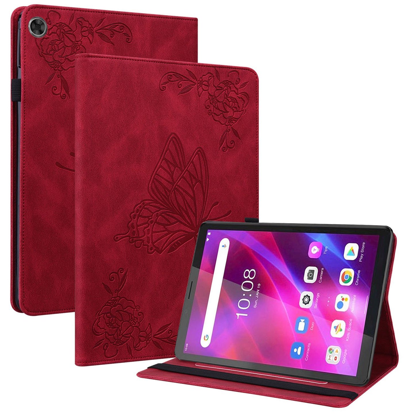 For Lenovo Tab M7 (3rd Gen) Imprinting Butterfly Flower Pattern Tablet Case Shockproof PU Leather Stand Card Holder Protective Cover