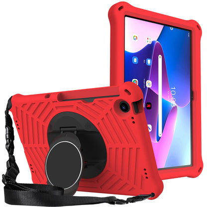 For Lenovo Tab M10 Plus (Gen 3) Spider Web Texture Shockproof EVA Case 360 Degree Rotation Kickstand Anti-scratch Cover with Shoulder Strap