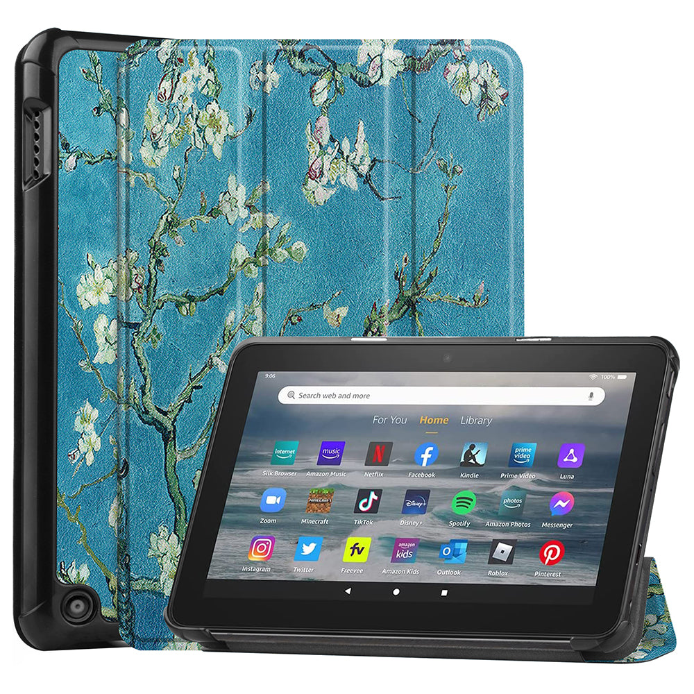 JUNSUNMAY For Amazon Fire 7 (2022) Tri-fold Stand Protective Cover Pattern Printing PU Leather Case with Auto Wake / Sleep