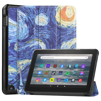 JUNSUNMAY For Amazon Fire 7 (2022) Tri-fold Stand Protective Cover Pattern Printing PU Leather Case with Auto Wake / Sleep