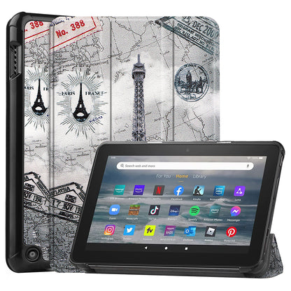 JUNSUNMAY For Amazon Fire 7 (2022) Tri-fold Stand Protective Cover Pattern Printing PU Leather Case with Auto Wake / Sleep