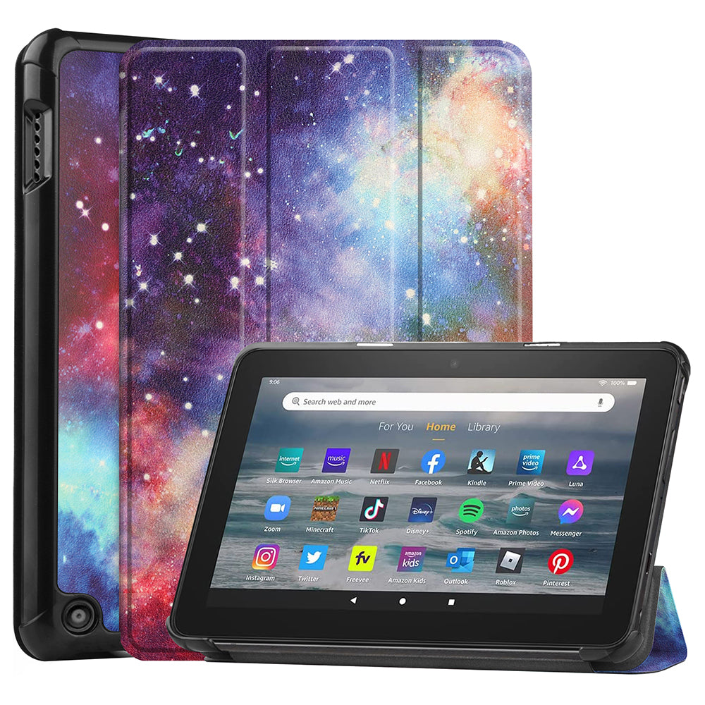 JUNSUNMAY For Amazon Fire 7 (2022) Tri-fold Stand Protective Cover Pattern Printing PU Leather Case with Auto Wake / Sleep