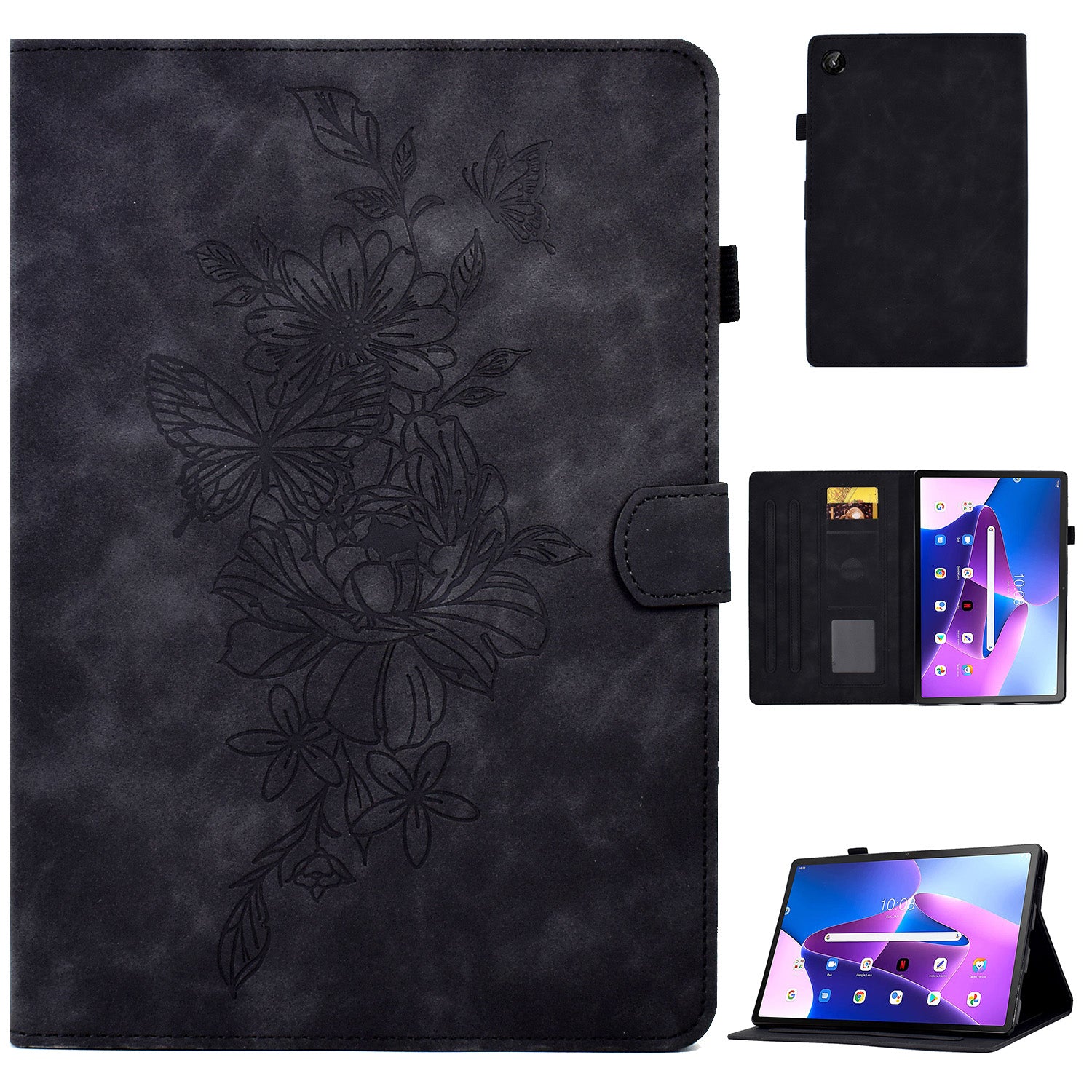 For Lenovo Tab M10 Plus (Gen 3) PU Leather Butterfly Flower Pattern Imprinted Tablet Cover Stitching Line Stand Smart Protective Case with Card Holder