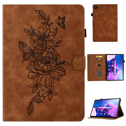 For Lenovo Tab M10 Plus (Gen 3) PU Leather Butterfly Flower Pattern Imprinted Tablet Cover Stitching Line Stand Smart Protective Case with Card Holder