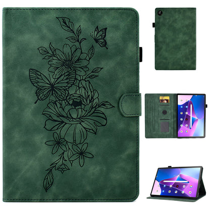 For Lenovo Tab M10 Plus (Gen 3) PU Leather Butterfly Flower Pattern Imprinted Tablet Cover Stitching Line Stand Smart Protective Case with Card Holder