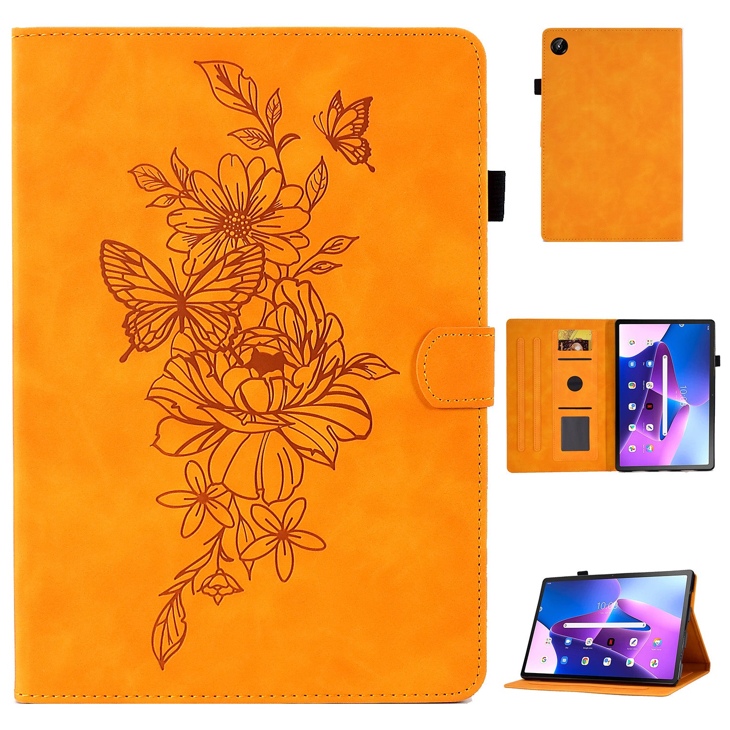 For Lenovo Tab M10 Plus (Gen 3) PU Leather Butterfly Flower Pattern Imprinted Tablet Cover Stitching Line Stand Smart Protective Case with Card Holder