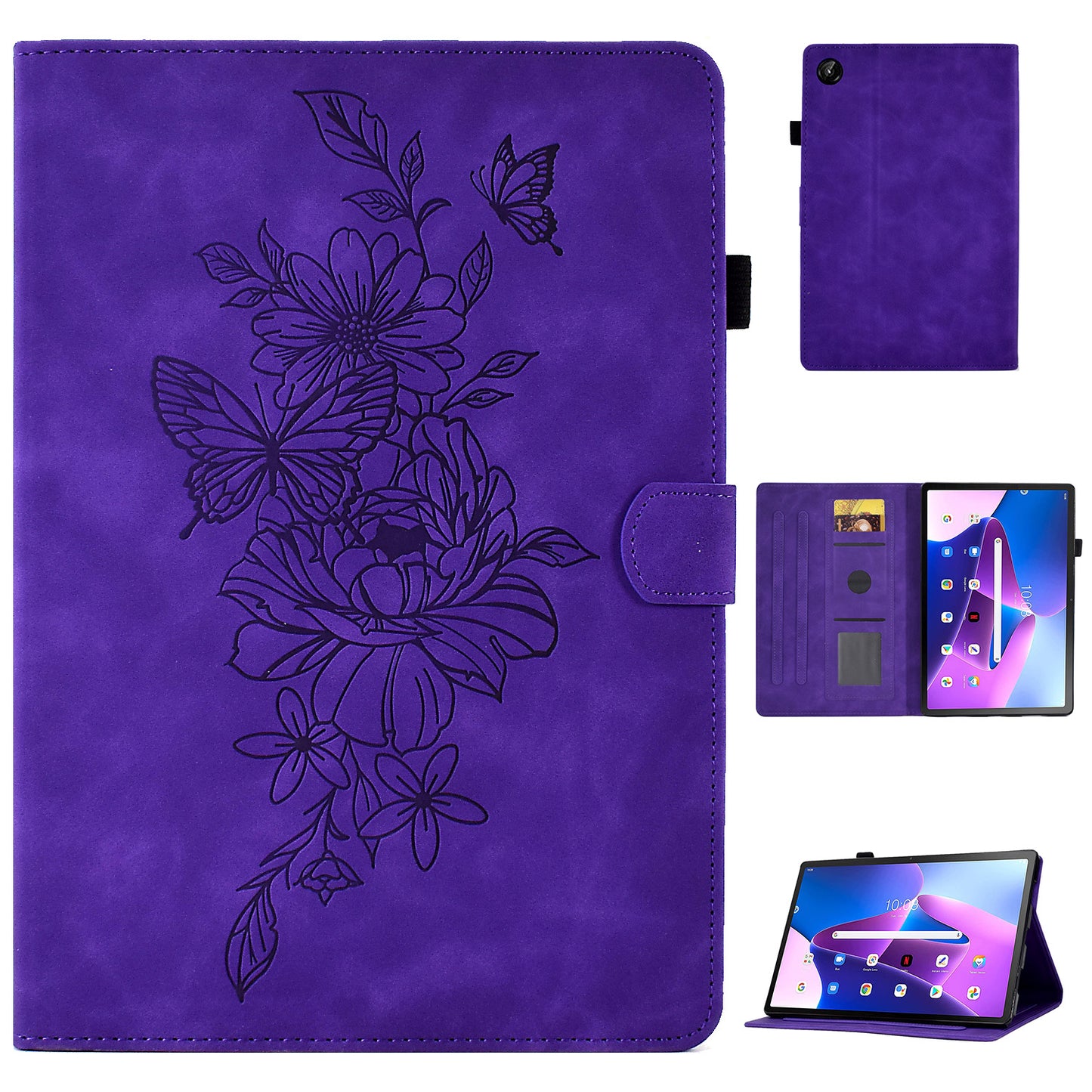 For Lenovo Tab M10 Plus (Gen 3) PU Leather Butterfly Flower Pattern Imprinted Tablet Cover Stitching Line Stand Smart Protective Case with Card Holder