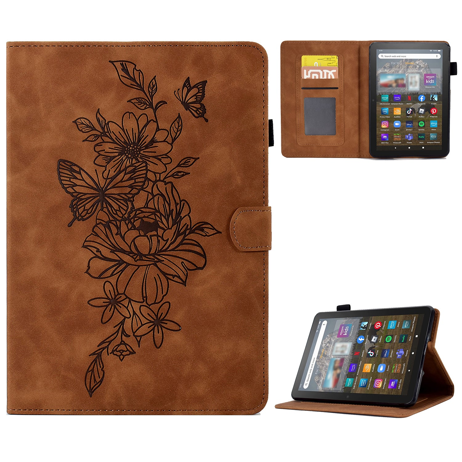 For Amazon Kindle 11th Gen (2022) Stitching PU Leather Auto Sleep / Wake Smart Cover Butterfly Flower Pattern Imprinted Folio Stand Card Slot Tablet Case