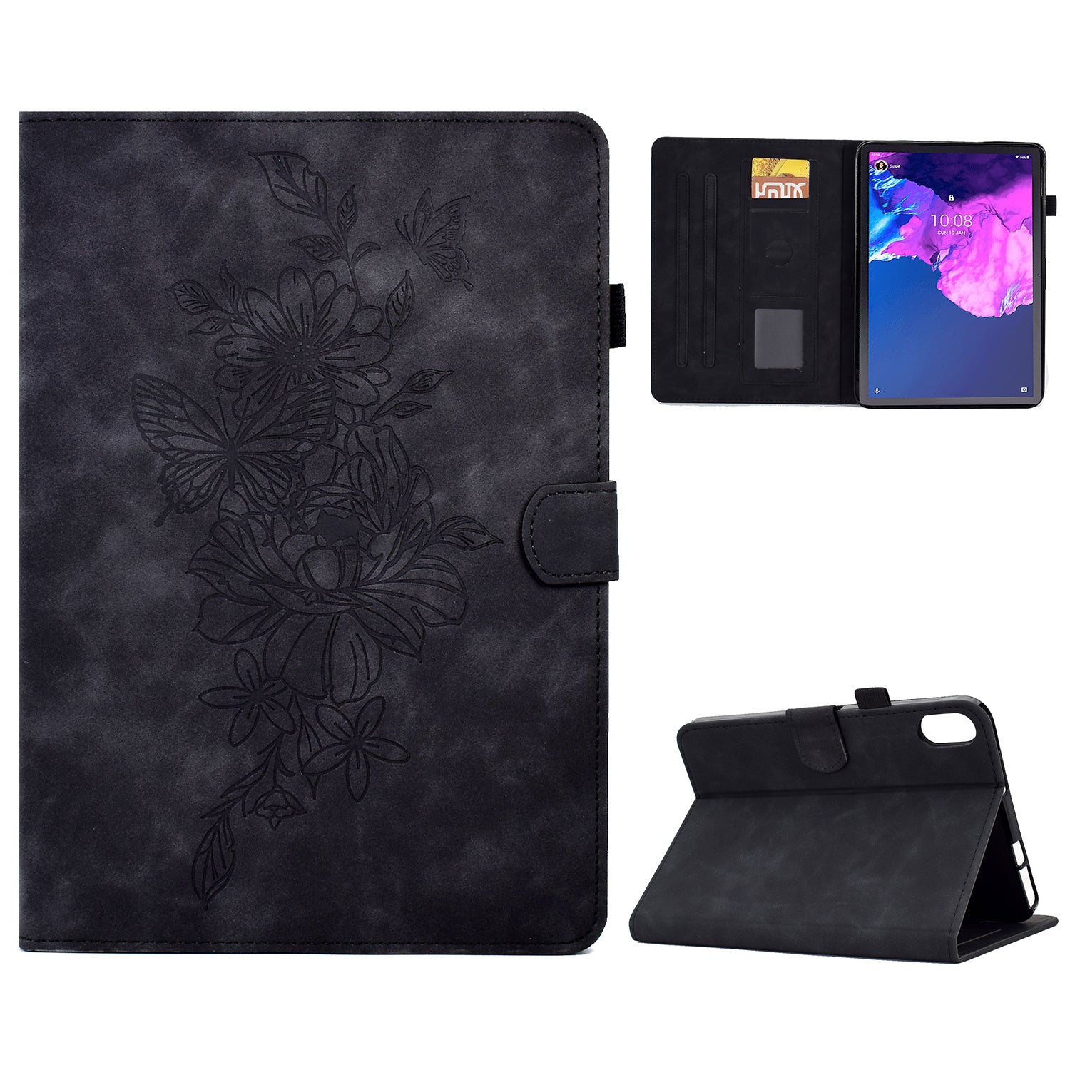 For Lenovo Tab P11 / J606F Butterfly Flower Pattern Imprinted PU Leather Stitching Line  Smart Tablet Cover with Card Holder Stand Shockproof Case