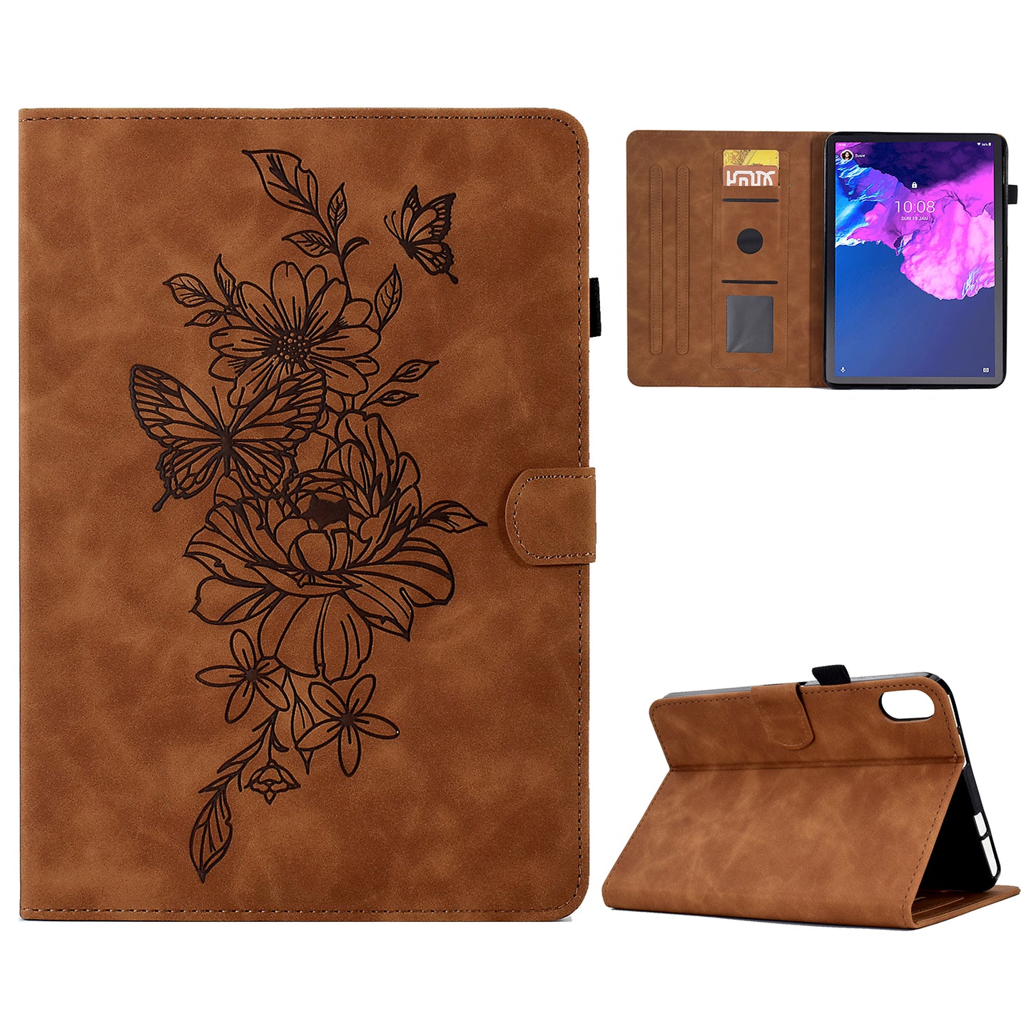 For Lenovo Tab P11 / J606F Butterfly Flower Pattern Imprinted PU Leather Stitching Line  Smart Tablet Cover with Card Holder Stand Shockproof Case