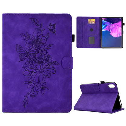 For Lenovo Tab P11 / J606F Butterfly Flower Pattern Imprinted PU Leather Stitching Line  Smart Tablet Cover with Card Holder Stand Shockproof Case