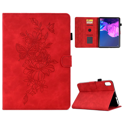 For Lenovo Tab P11 / J606F Butterfly Flower Pattern Imprinted PU Leather Stitching Line  Smart Tablet Cover with Card Holder Stand Shockproof Case