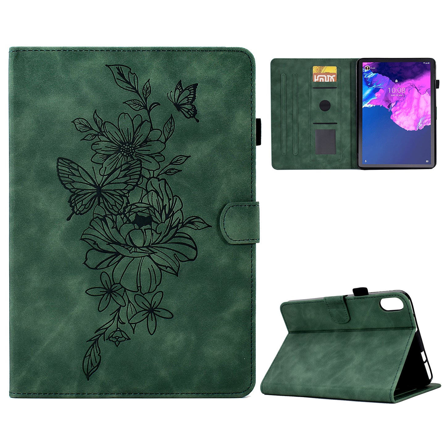 For Lenovo Tab P11 / J606F Butterfly Flower Pattern Imprinted PU Leather Stitching Line  Smart Tablet Cover with Card Holder Stand Shockproof Case