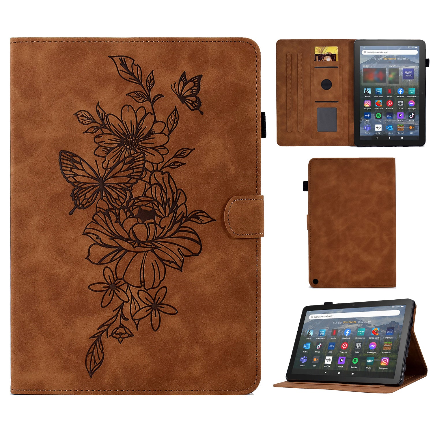 For Amazon Fire HD 8 (2022) / HD 8 Plus (2022) PU Leather Stand Function Card Slots Tablet Case Butterfly Flower Pattern Imprinted Auto Sleep / Wake Cover