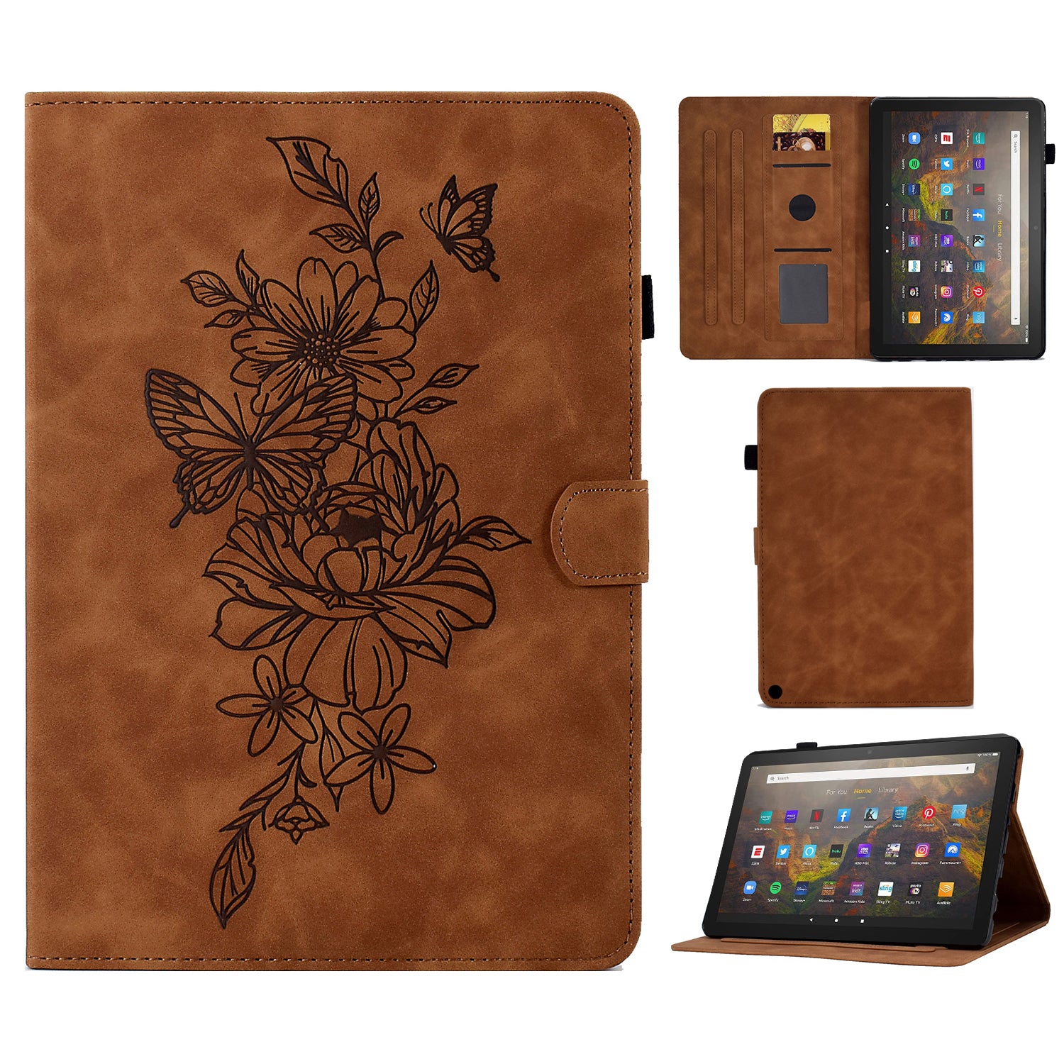 For Amazon Fire HD 10 (2021) / HD 10 Plus (2021) Flip Stand Smart Tablet Cover PU Leather Butterfly Flower Pattern Imprinted Protective Case with Card Holder